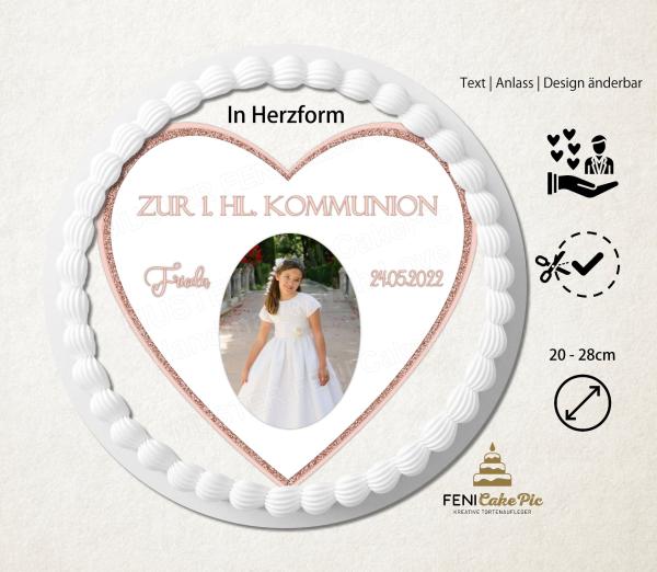 Tortenaufleger zur Kommunion "Gliterrrand in Herzform" personalisiert mit Text und Foto