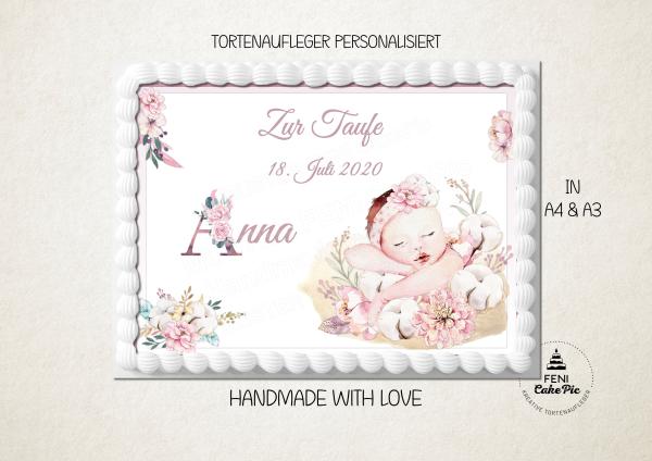 Tortenaufleger zur Taufe "Baby & Blüten" personalisiert mit Text eckig Buchform in Rosa