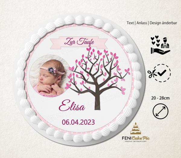 Tortenaufleger zur Taufe "Lebensbaum" in Rosa mit Foto und einem Wunschtext