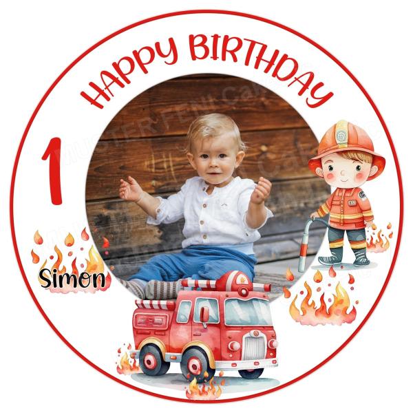 Tortenaufleger zum Geburtstag "Feuerwehr Feuerwehrauto Feuerwehrmann" mit Foto und einem Wunschtext