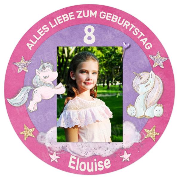 Tortenaufleger zum Geburtstag "Einhorn & Sterne" in Rosa mit einem Foto und einem Wunschtext