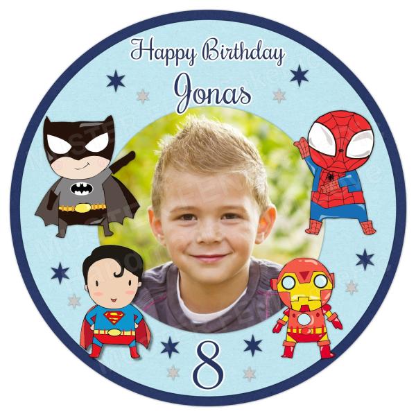 Tortenaufleger zum Geburtstag "Superhelden" mit Foto und einem Wunschtext