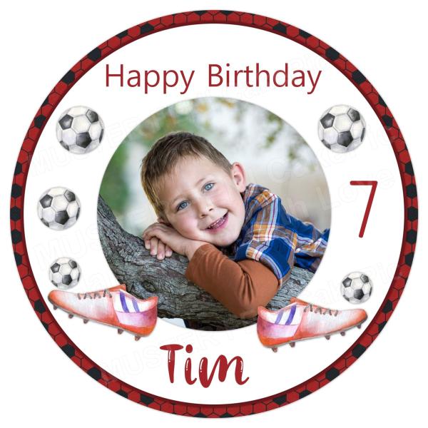 Tortenaufleger zum Geburtstag "Fußball" in Rot mit einem Foto und einem Wunschtext