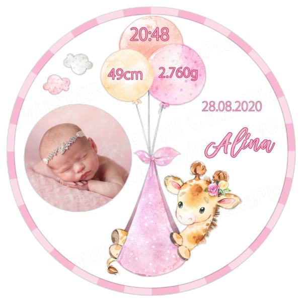 Tortenaufleger zur Babyparty / Geburt "Giraffe & Luftballon " mit Foto & einem Wunschtext in Rosa