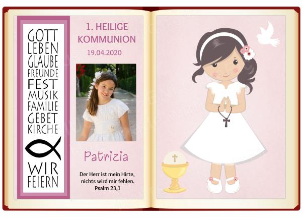 Tortenaufleger zur Kommunion "Fisch & Zitat" personalisiert mit Foto und Text in Rosa eckig Buchform