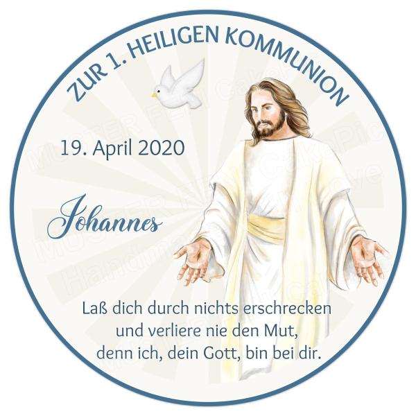 Tortenaufleger Kommunion Jesus personalisiert in Blau