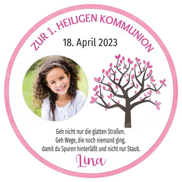 TortenauflegTortenaufleger zur Kommunion "Lebensbaum" in Rosa personalisiert mit Text und Foto