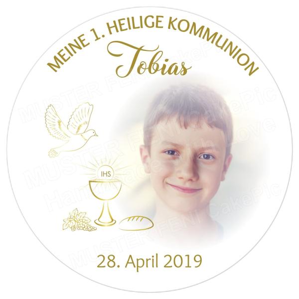 Tortenaufleger zur Kommunion "Kelch Kreuz Taube Traube Brot" personalisiert mit Text und Foto in Gold