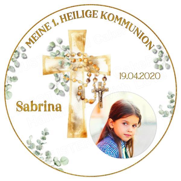 Tortenaufleger zur Kommunion "Kreuz aus Efeu & Blüten" personalisiert mit Text und Foto