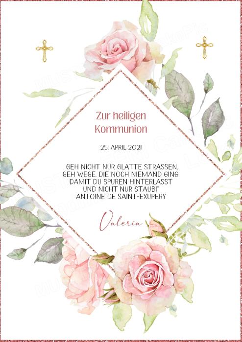 Tortenaufleger zur Kommunion "Kreuz Rosen & Blüten" personalisiert mit Text in Rosa eckig Buchform