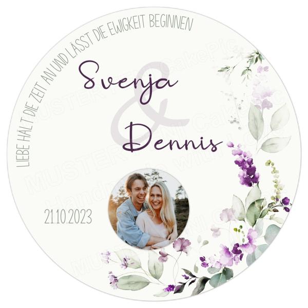Tortenaufleger zur Hochzeit "Eukalyptus & Lavendel" mit Name, Datum und Foto personalisiert