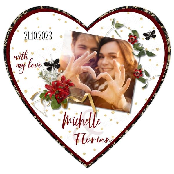 Tortenaufleger zur Hochzeit "Herzform Blüten & Rosen" mit Foto & einem Wunschtext