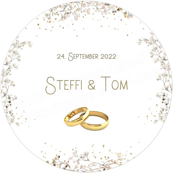 Tortenaufleger zur Hochzeit "Schleierkraut goldene Ringe" mit einem Wunschtext