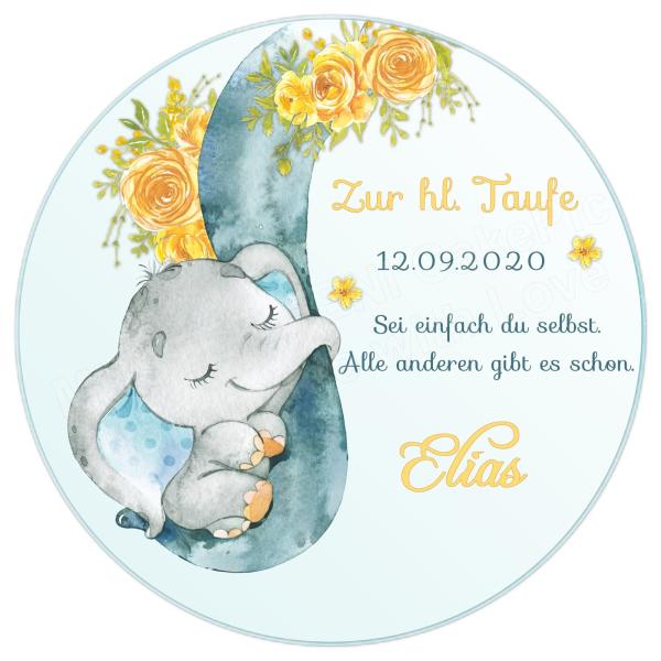 Tortenaufleger zur Taufe "Elefant & gelbe Rosen" in der Farbe Blau und Wunschtext