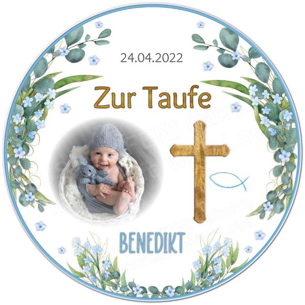 Tortenaufleger zur Taufe "Kreuz & blaue Blumen" mit Foto & einem Wunschtext