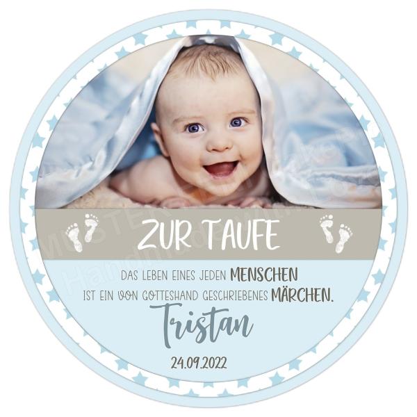 Tortenaufleger zur Taufe "Babyfüsse" mit Foto & einem Wunschtext in Blau