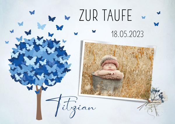 Tortenaufleger zur Taufe "Lebensbaum & Schmetterlinge" personalisiert mit Text eckig Buchform mit Foto