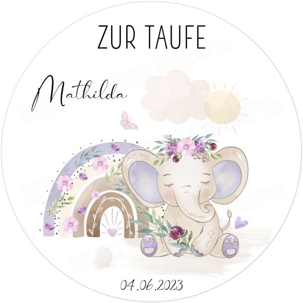 Tortenaufleger Taufe Elefant, Regenbogen, rosa Blumen & Sonne personalisiert