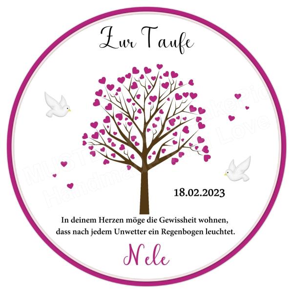 Tortenaufleger zur Taufe "Lebensbaum & Herzen" in Rosa mit einem Wunschtext