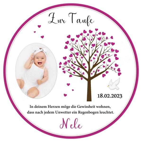 Tortenaufleger zur Taufe "Lebensbaum, Taube & Herzen" in Rosa mit einem Foto und einem Wunschtext