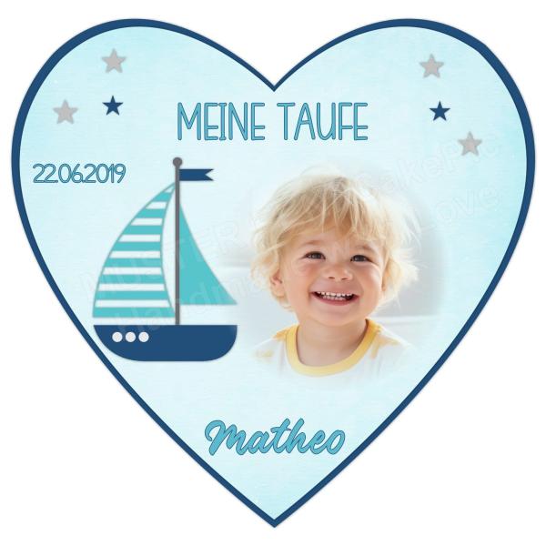 Tortenaufleger zur Taufe "Schiff & Sterne" Herzform in Blau mit einem Wunschtext