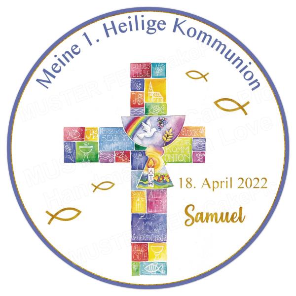 Tortenaufleger zur Kommunion "bunte Kreuz" personalisiert mit Text in Blau