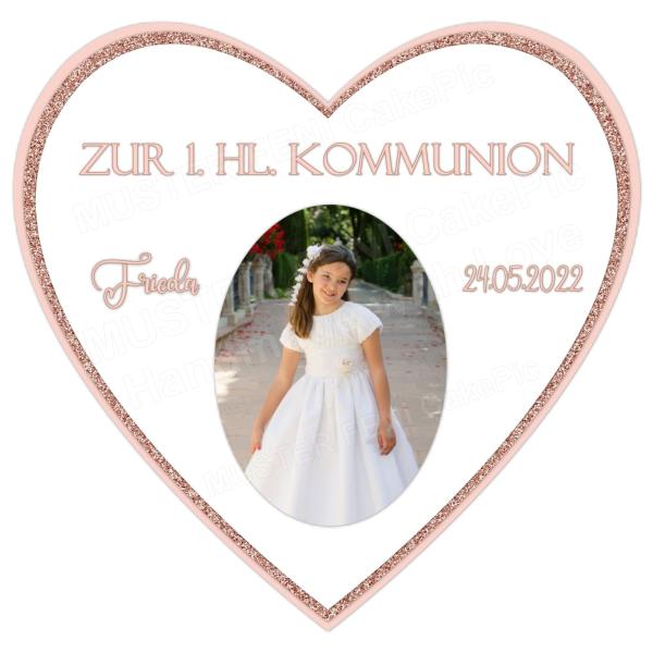 Tortenaufleger zur Kommunion "Gliterrrand in Herzform" personalisiert mit Text und Foto