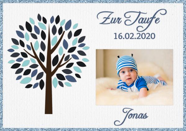 Tortenaufleger zur Taufe "Lebensbaum" personalisiert mit Foto & Text eckig Buchform in Blau