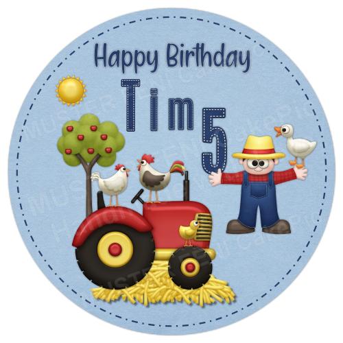 Tortenaufleger zum Geburtstag "Traktor & Bauer" und einem Wunschtext