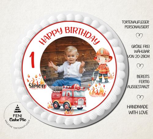 Tortenaufleger zum Geburtstag "Feuerwehr Feuerwehrauto Feuerwehrmann" mit Foto und einem Wunschtext