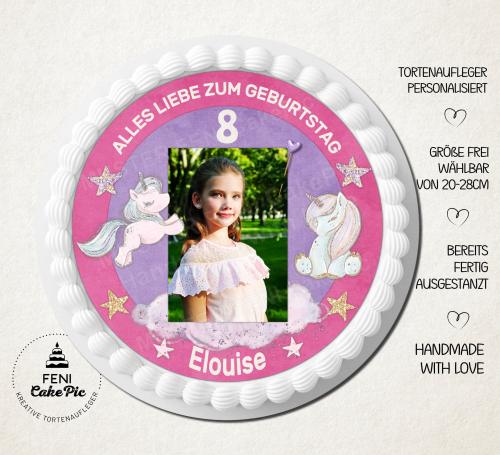 Tortenaufleger zum Geburtstag "Einhorn & Sterne" in Rosa mit einem Foto und einem Wunschtext