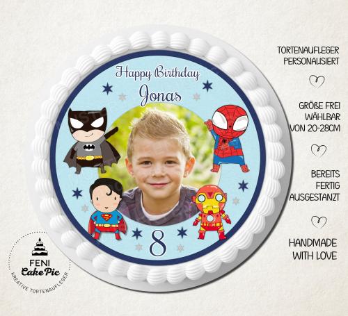 Tortenaufleger zum Geburtstag "Superhelden" mit Foto und einem Wunschtext