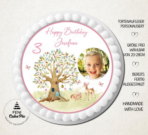 Tortenaufleger zum Geburtstag "Lebensbaum & Reh" mit Foto und einem Wunschtext