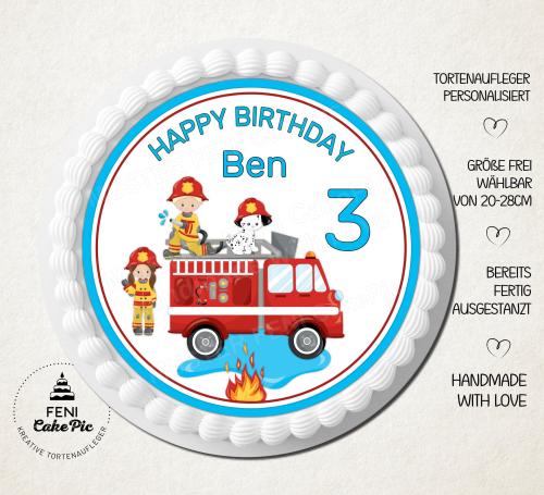Tortenaufleger zum Geburtstag"Feuerwehr & Feuerwehrauto" personalisiert mit Text