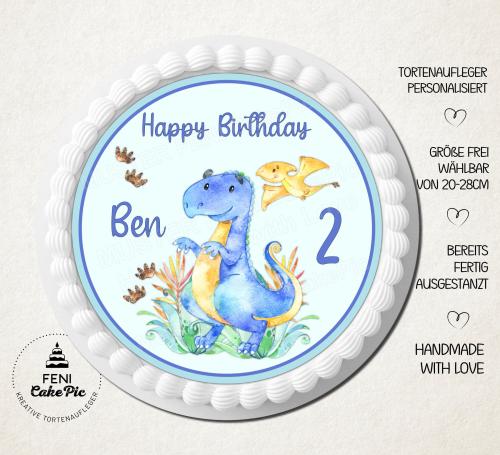 Tortenaufleger zum Geburtstag "Dinosaurier" in Blau mit einem Wunschtext