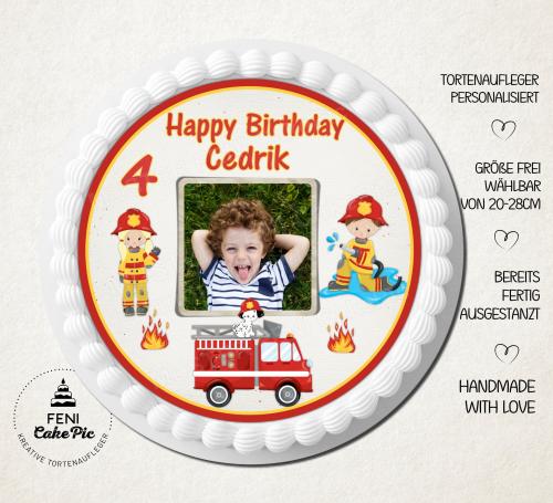 Tortenaufleger zum Geburtstag "Feuerwehr" personalisiert mit einem Foto und Text