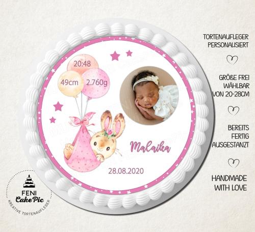 Tortenaufleger zur Babyparty / Geburt "Hase Sterne & Luftballon " mit Foto & einem Wunschtext in Rosa