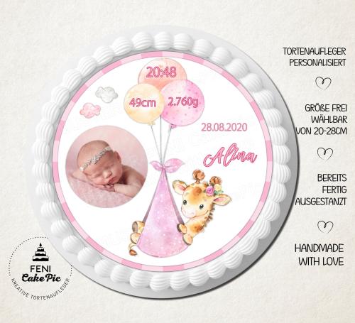Tortenaufleger zur Babyparty / Geburt "Giraffe & Luftballon " mit Foto & einem Wunschtext in Rosa
