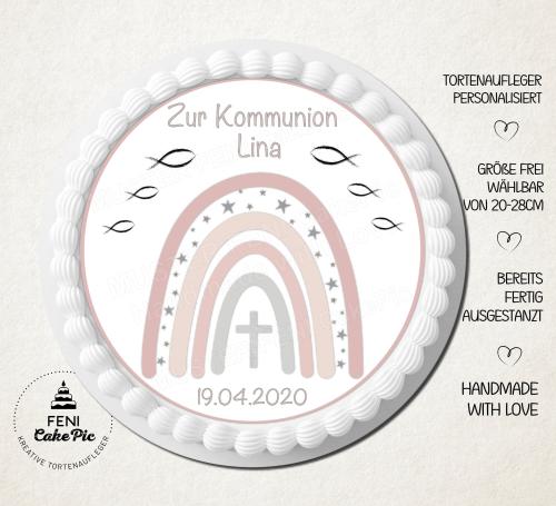 Tortenaufleger zur Kommunion "Regenbogen, Fische & Kreuz" personalisiert mit Text in Grau Rosa