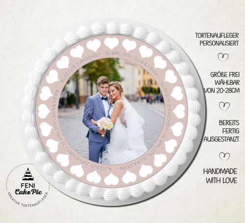 Tortenaufleger zur Hochzeit "Herzen" mit Foto & einem Wunschtext