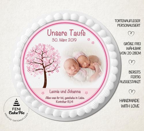 Tortenaufleger zur Taufe "Lebensbaum & Zitat" in Rosa mit einem Foto und einem Wunschtext