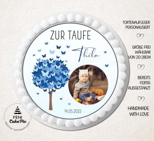 Tortenaufleger zur Taufe "Lebensbaum & Schmetterlinge" mit Foto & einem Wunschtext in Blau