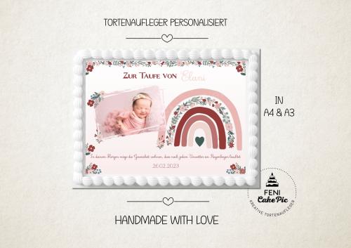 Tortenaufleger zur Taufe "Regenbogen & Blüten" personalisiert mit Text eckig Buchform in Rosa