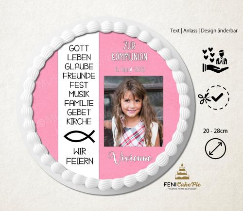Tortenaufleger zur Kommunion "Fisch & Zitat" mit Foto und einem persönlichen Text in Rosa gestaltet