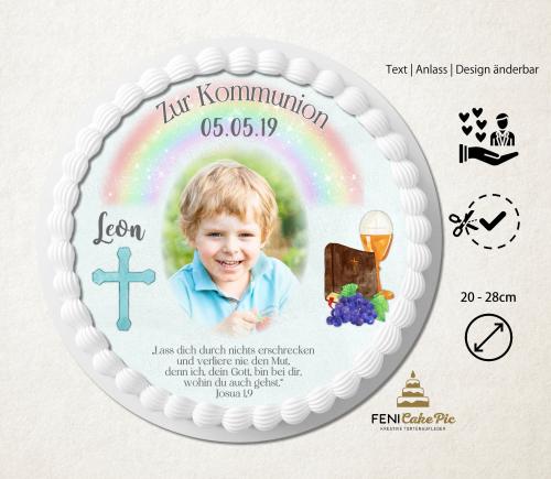 Tortenaufleger zur Kommunion "Regenbogen, Kreuz & Kelch" in Blau mit Foto und einem Wunschtext