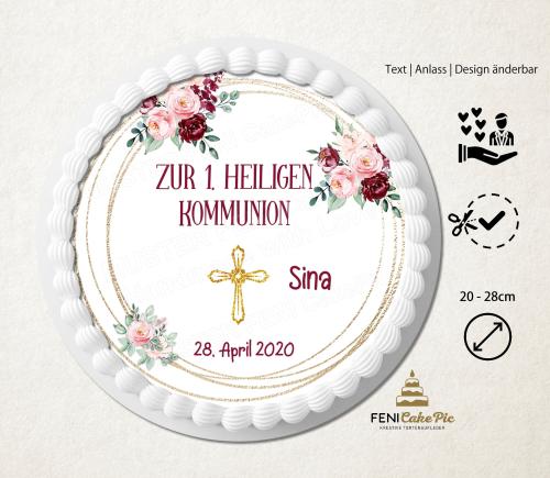 Tortenaufleger zur Kommunion "Blüten & Rosen" personalisiert mit Text