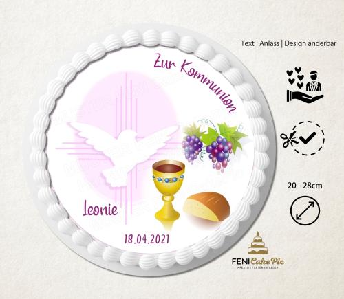Tortenaufleger zur Kommunion "Fisch Trauben Brot Kelch" in Rosa personalisiert mit Text