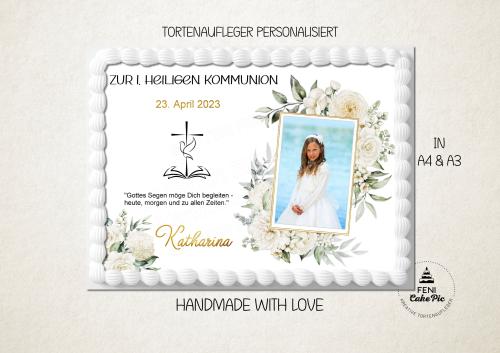 Tortenaufleger zur Kommunion "Kreuz & weiße Blumen" personalisiert mit Text und Foto eckig Buchform