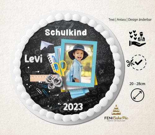 Tortenaufleger zur Einschulung "Chalkboard, Stifte, Schere & Lineal" personalisiert mit Text und Foto