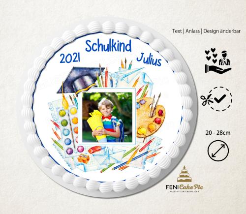 Tortenaufleger zur Einschulung "Stifte & Schultafel" personalisiert mit Text und Foto